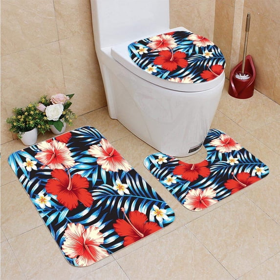 PUDMAD Hibiscus Palm Leaves Seamless 3 Piece Bathroom Rugs Set Bath Rug Contour Mat and Toilet Lid Cover