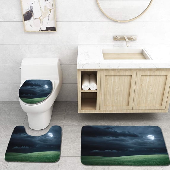 PUDMAD Hilly Meadow at Night Full Moon Clouds and Grass 3 Piece Bathroom Rugs Set Bath Rug Contour Mat and Toilet Lid Cover
