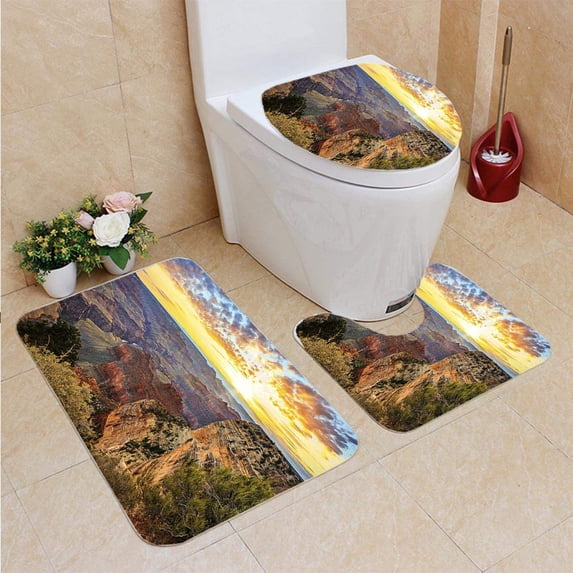 PUDMAD Horizontal View Famous Grand Canyon at Sunrise 3 Piece Bathroom Rugs Set Bath Rug Contour Mat and Toilet Lid Cover