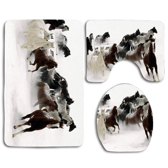 PUDMAD Horse 3 Piece Bathroom Rugs Set Bath Rug Contour Mat and Toilet Lid Cover