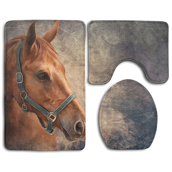 PUDMAD Horse 3 Piece Bathroom Rugs Set Bath Rug Contour Mat and Toilet Lid Cover