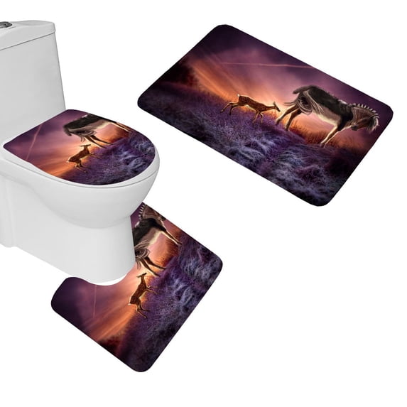 PUDMAD Horse Deer Sunset Frost 3 Piece Bathroom Rugs Set Bath Rug Contour Mat and Toilet Lid Cover