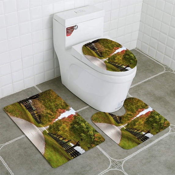 PUDMAD Horse Farm Alley 3 Piece Bathroom Rugs Set Bath Rug Contour Mat and Toilet Lid Cover