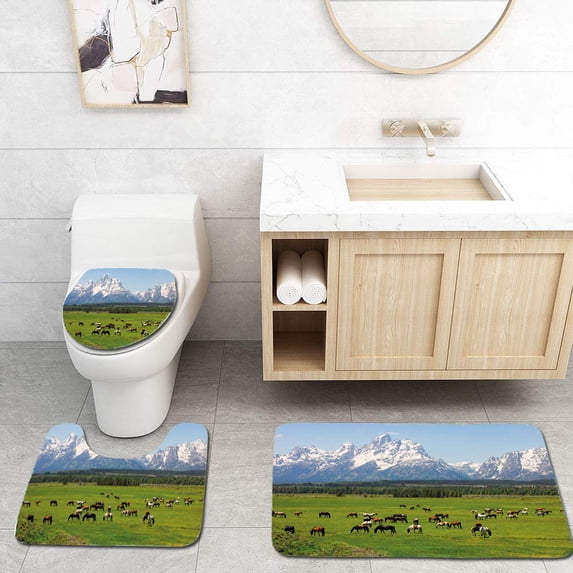 PUDMAD Horse Grand Teton National Park Snowy Mountains Fresh Greenery Trees 3 Piece Bathroom Rugs Set Bath Rug Contour Mat and Toilet Lid Cover