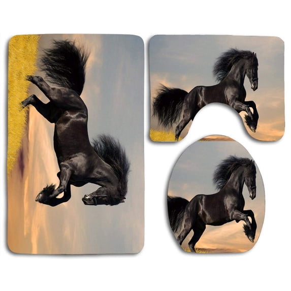 PUDMAD Horse Running 3 Piece Bathroom Rugs Set Bath Rug Contour Mat and Toilet Lid Cover