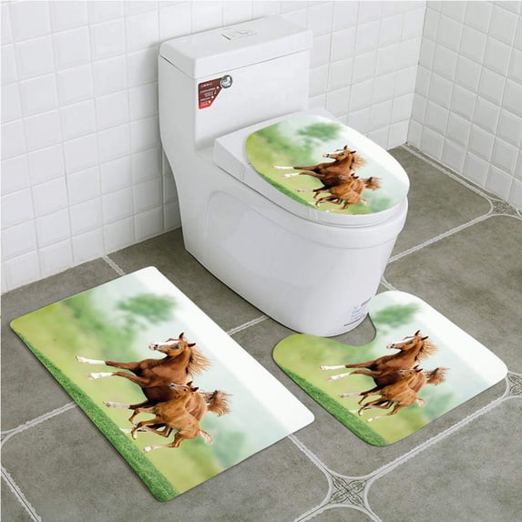 PUDMAD Horse Running Chestnut Horses Mare and Foal Meadow Scenic Summer Day Outdoors 3 Piece Bathroom Rugs Set Bath Rug Contour Mat and Toilet Lid Cover