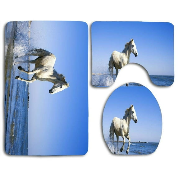 PUDMAD Horse Running on Beach 3 Piece Bathroom Rugs Set Bath Rug Contour Mat and Toilet Lid Cover