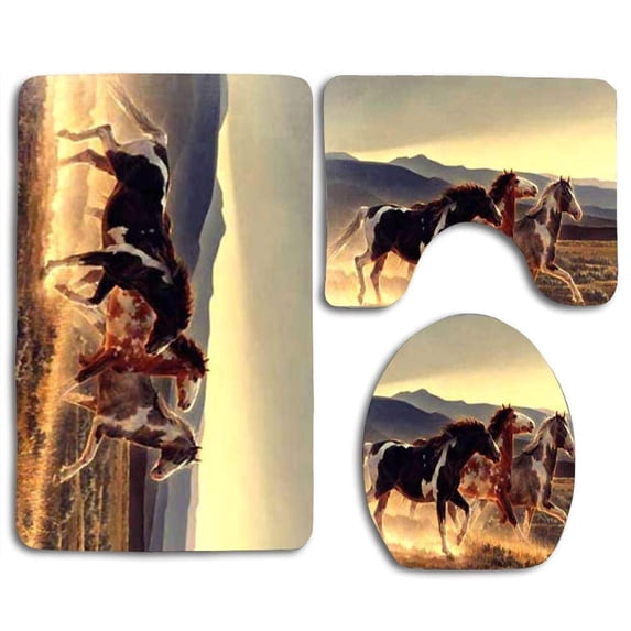 PUDMAD Horse Stallion Running Mountain Autumn 3 Piece Bathroom Rugs Set Bath Rug Contour Mat and Toilet Lid Cover