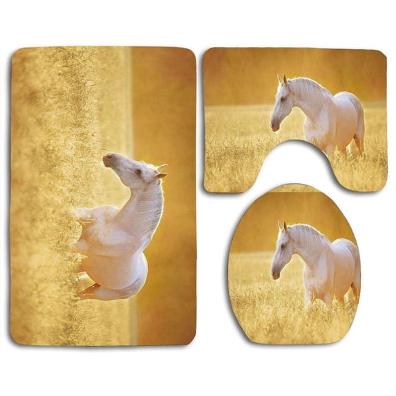 PUDMAD Horse White Orlov Trotter Horse in Rye Field Rustic Environment Autumn Sunset Farm 3 Piece Bathroom Rugs Set Bath Rug Contour Mat and Toilet Lid Cover