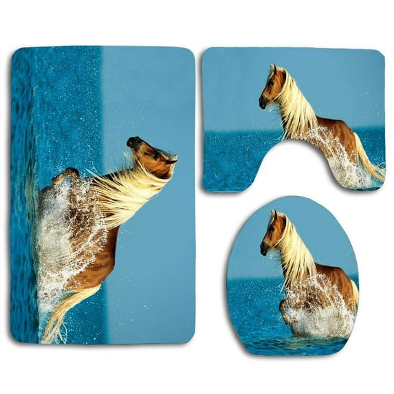 PUDMAD Horse in Ocean 3 Piece Bathroom Rugs Set Bath Rug Contour Mat and Toilet Lid Cover