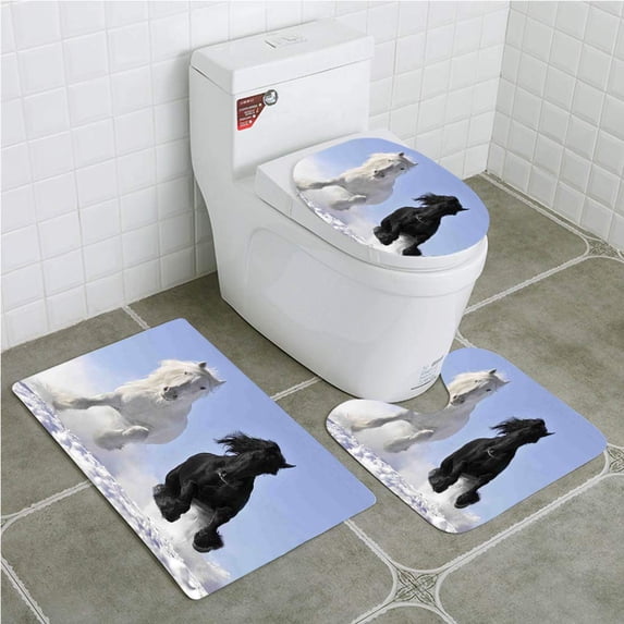PUDMAD Horses Competing Racing Black and White Horses on Snow Good and Evil Mythical 3 Piece Bathroom Rugs Set Bath Rug Contour Mat and Toilet Lid Cover