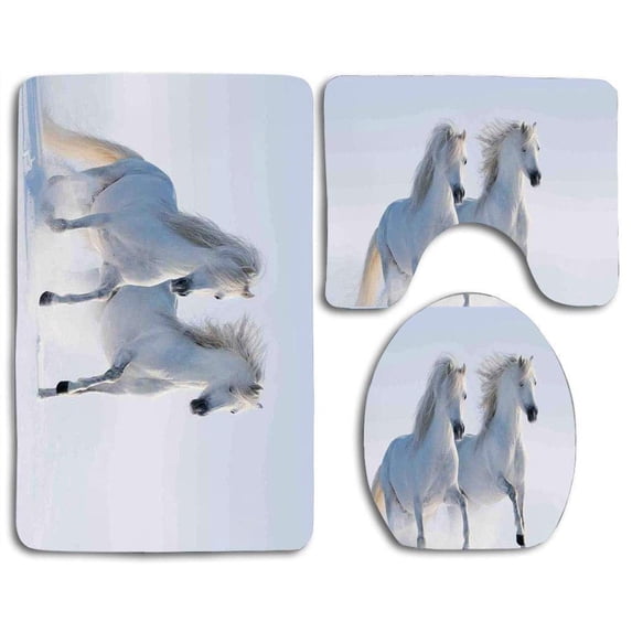 PUDMAD Horses Galloping Rare Spotted Horses on Snow Field Dominant Genes Albino Different 3 Piece Bathroom Rugs Set Bath Rug Contour Mat and Toilet Lid Cover