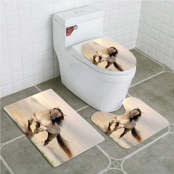 PUDMAD Horses Wild Young Stallion Horse Running at Sunset Male Power Muscular Physique 3 Piece Bathroom Rugs Set Bath Rug Contour Mat and Toilet Lid Cover