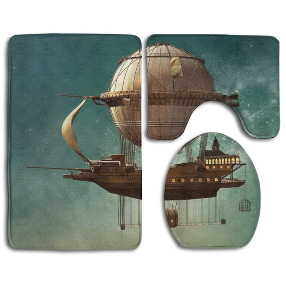 PUDMAD Hot Air Balloon 3 Piece Bathroom Rugs Set Bath Rug Contour Mat and Toilet Lid Cover