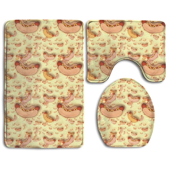 PUDMAD Hot Dog 3 Piece Bathroom Rugs Set Bath Rug Contour Mat and Toilet Lid Cover