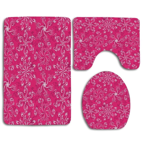 PUDMAD Hot Pink Floral Arrangement on Hot Pink Background Spring Flourish Bloom 3 Piece Bathroom Rugs Set Bath Rug Contour Mat and Toilet Lid Cover