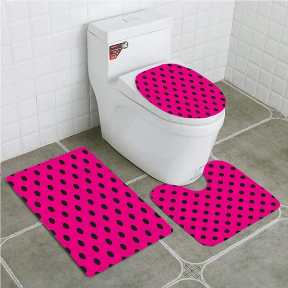 PUDMAD Hot Pink Pop Art Inspired Retro Black Polka Dots Classical Spotted 3 Piece Bathroom Rugs Set Bath Rug Contour Mat and Toilet Lid Cover