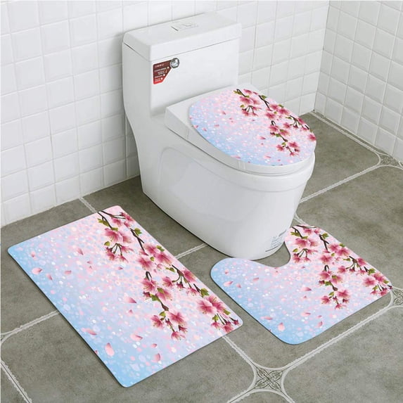 PUDMAD House Sakura Twig Blossom Leaves on Colorful Flying Petals 3 Piece Bathroom Rugs Set Bath Rug Contour Mat and Toilet Lid Cover