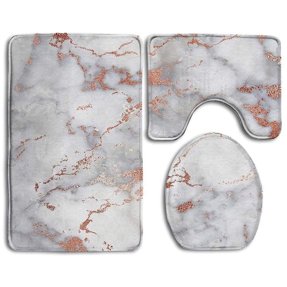 PUDMAD Household Rose Gold Marble 3 Piece Bathroom Rugs Set Bath Rug Contour Mat and Toilet Lid Cover