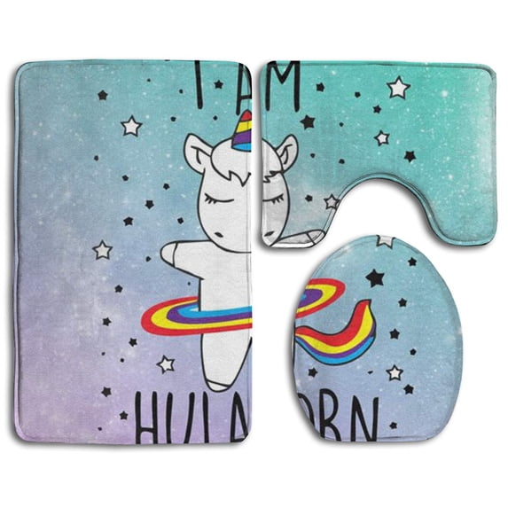 PUDMAD Hulacorn 3 Piece Bathroom Rugs Set Bath Rug Contour Mat and Toilet Lid Cover