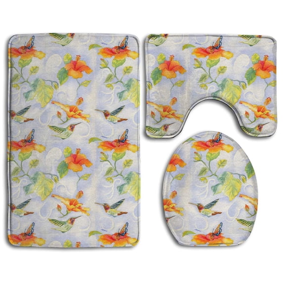 PUDMAD Hummingbirds Hibiscus Marlene Lano 3 Piece Bathroom Rugs Set Bath Rug Contour Mat and Toilet Lid Cover