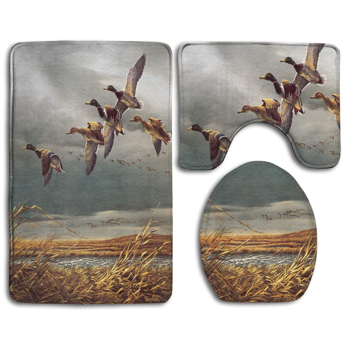PUDMAD Hunting Flying Wild Ducks 3 Piece Bathroom Rugs Set Bath Rug
