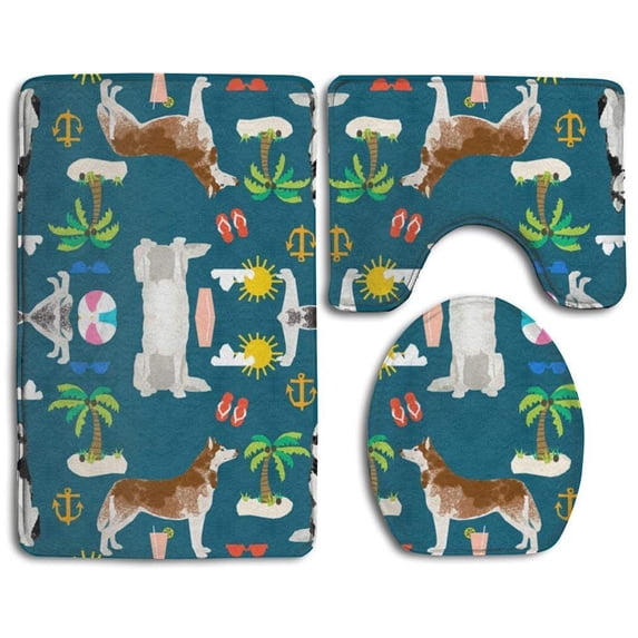 PUDMAD Husky Beach Summer Dog 3 Piece Bathroom Rugs Set Bath Rug Contour Mat and Toilet Lid Cover