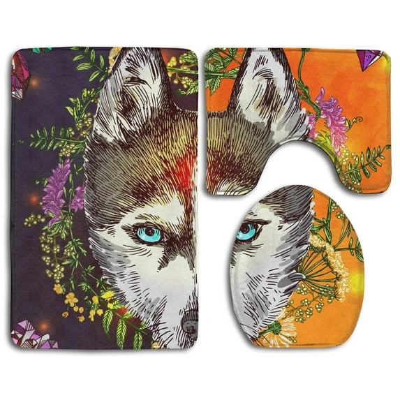 PUDMAD Husky Colorful Floral 3 Piece Bathroom Rugs Set Bath Rug Contour Mat and Toilet Lid Cover