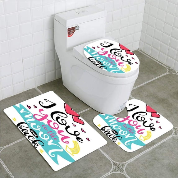 PUDMAD I Love You I Love You to Moon and Back Motivational Lifestyle Quote Partners 3 Piece Bathroom Rugs Set Bath Rug Contour Mat and Toilet Lid Cover
