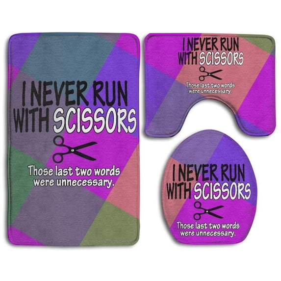 PUDMAD I Never Run Scissors 3 Piece Bathroom Rugs Set Bath Rug Contour Mat and Toilet Lid Cover