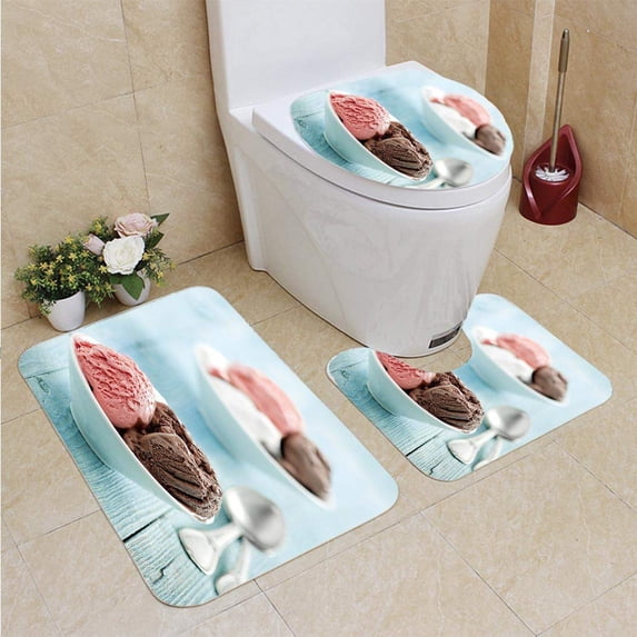 PUDMAD Ice Cream 3 Piece Bathroom Rugs Set Bath Rug Contour Mat and Toilet Lid Cover