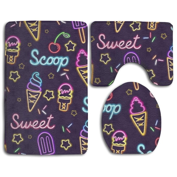 PUDMAD Ice Cream 3 Piece Bathroom Rugs Set Bath Rug Contour Mat and Toilet Lid Cover