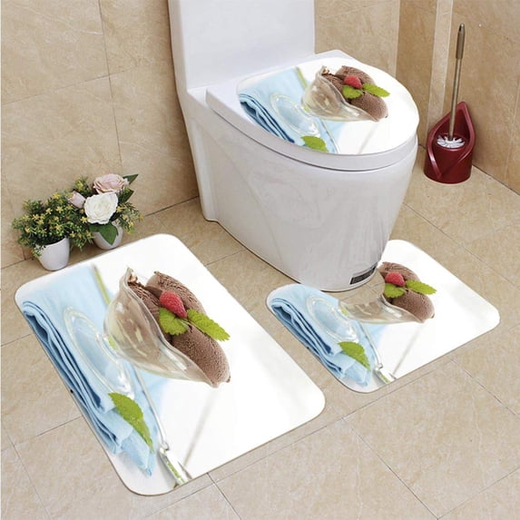 PUDMAD Ice Cream 3 Piece Bathroom Rugs Set Bath Rug Contour Mat and Toilet Lid Cover