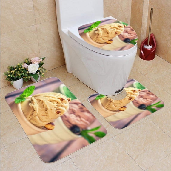 PUDMAD Ice Cream 3 Piece Bathroom Rugs Set Bath Rug Contour Mat and Toilet Lid Cover