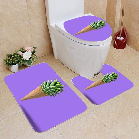 PUDMAD Ice Cream Cone Pineapple Leaves Bright Fruit Candy Concept 3 Piece Bathroom Rugs Set Bath Rug Contour Mat and Toilet Lid Cover