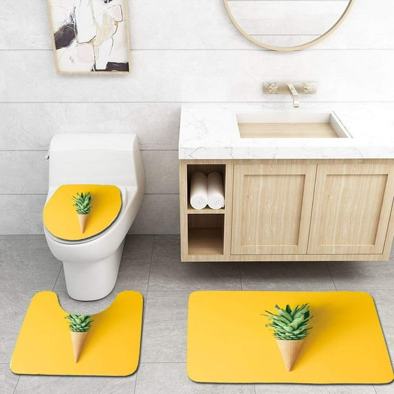 PUDMAD Ice Cream Cone Pineapple Leaves on Bright Yellow Fruit and Candy Concept Flat 3 Piece Bathroom Rugs Set Bath Rug Contour Mat and Toilet Lid Cover