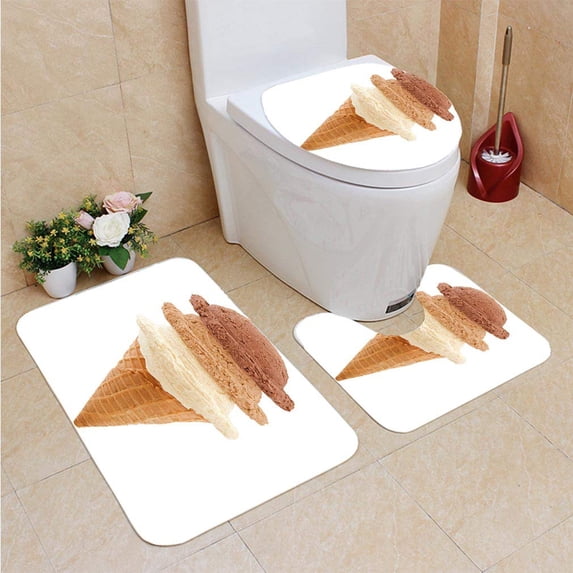 PUDMAD Ice Cream Cone Tower 3 Piece Bathroom Rugs Set Bath Rug Contour Mat and Toilet Lid Cover