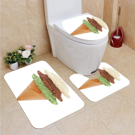 PUDMAD Ice Cream Cone Tower 3 Piece Bathroom Rugs Set Bath Rug Contour Mat and Toilet Lid Cover