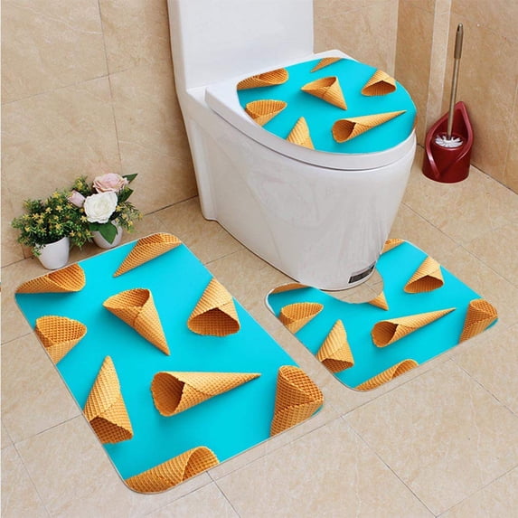 PUDMAD Ice Cream Cones Turquoise Sweet Summer Empty Concept Flat Lay 3 Piece Bathroom Rugs Set Bath Rug Contour Mat and Toilet Lid Cover