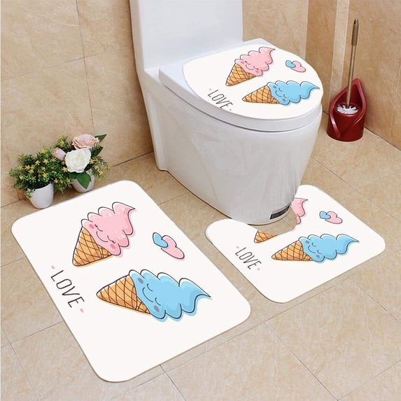 PUDMAD Ice Cream Cones in Love 3 Piece Bathroom Rugs Set Bath Rug Contour Mat and Toilet Lid Cover