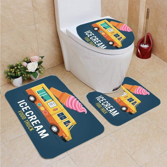 PUDMAD Ice Cream Food Truck 3 Piece Bathroom Rugs Set Bath Rug Contour Mat and Toilet Lid Cover