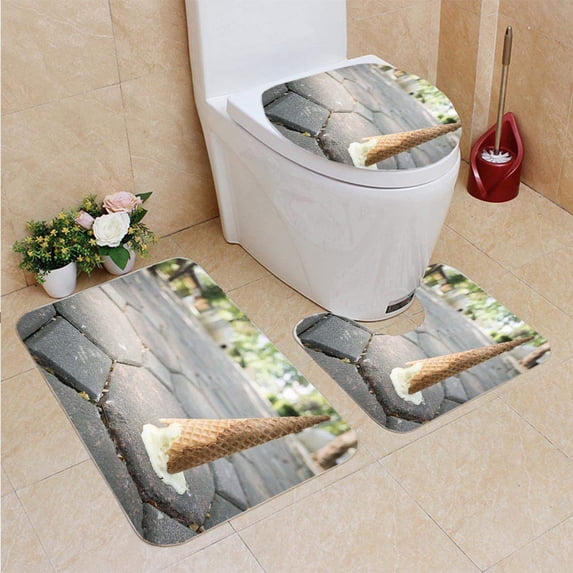 PUDMAD Ice Cream Ground Selective Focus 3 Piece Bathroom Rugs Set Bath Rug Contour Mat and Toilet Lid Cover