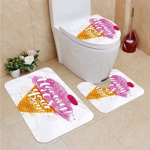 PUDMAD Ice Cream Hooray! Its Your Day Phrase Ice Cream Cone Cherry Flavor Fuchsia A 3 Piece Bathroom Rugs Set Bath Rug Contour Mat and Toilet Lid Cover