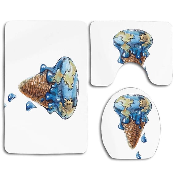 PUDMAD Ice Cream Ice Cream Globe Planet Earth Flavor Ecological Graphic 3 Piece Bathroom Rugs Set Bath Rug Contour Mat and Toilet Lid Cover