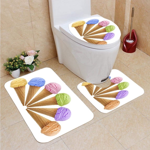 PUDMAD Ice Cream Mixture 3 Piece Bathroom Rugs Set Bath Rug Contour Mat and Toilet Lid Cover