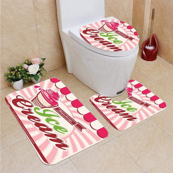 PUDMAD Ice Cream Retro Strawberry Ice Cream Logo in Soft Tones Pop Hot Ma 3 Piece Bathroom Rugs Set Bath Rug Contour Mat and Toilet Lid Cover