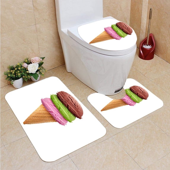 PUDMAD Ice Cream Scoops Cone 3 Piece Bathroom Rugs Set Bath Rug Contour Mat and Toilet Lid Cover