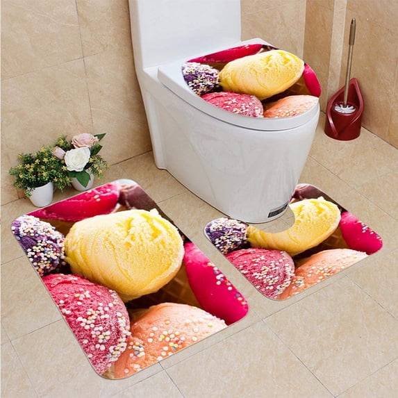 PUDMAD Ice Cream Scoops Wooden Table 3 Piece Bathroom Rugs Set Bath Rug Contour Mat and Toilet Lid Cover