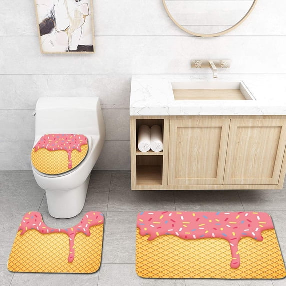 PUDMAD Ice Cream Waffle Cherry Flavor on Yummy Summer Dessert Cute 3 Piece Bathroom Rugs Set Bath Rug Contour Mat and Toilet Lid Cover