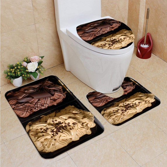 PUDMAD Ice Cream cofee Chocolate 3 Piece Bathroom Rugs Set Bath Rug Contour Mat and Toilet Lid Cover